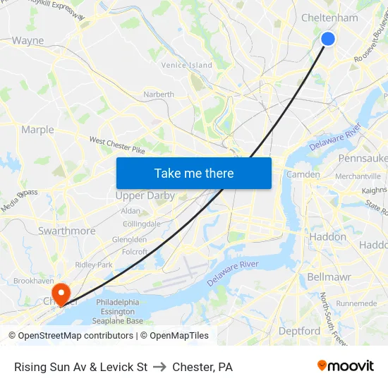 Rising Sun Av & Levick St to Chester, PA map