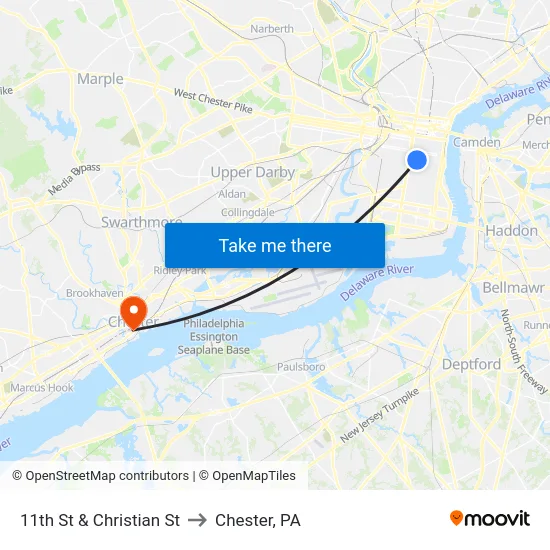11th St & Christian St to Chester, PA map
