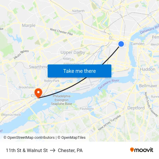 11th St & Walnut St to Chester, PA map