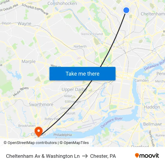 Cheltenham Av & Washington Ln to Chester, PA map