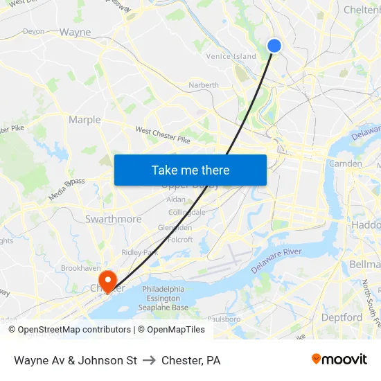 Wayne Av & Johnson St to Chester, PA map
