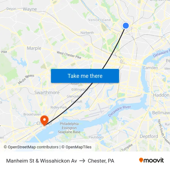 Manheim St & Wissahickon Av to Chester, PA map