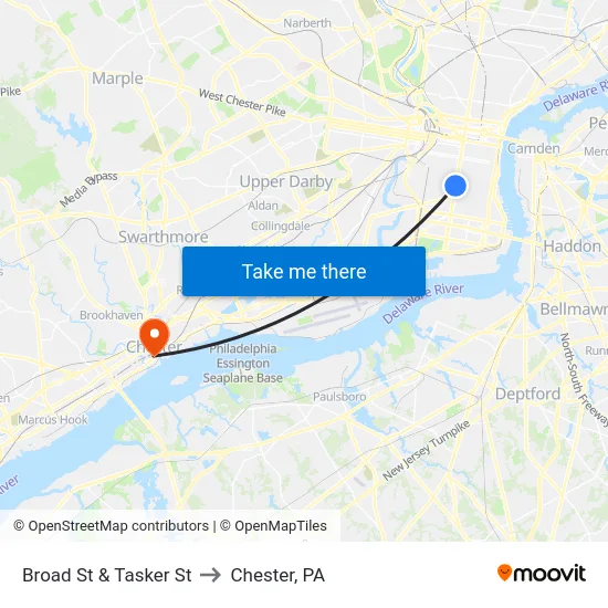 Broad St & Tasker St to Chester, PA map