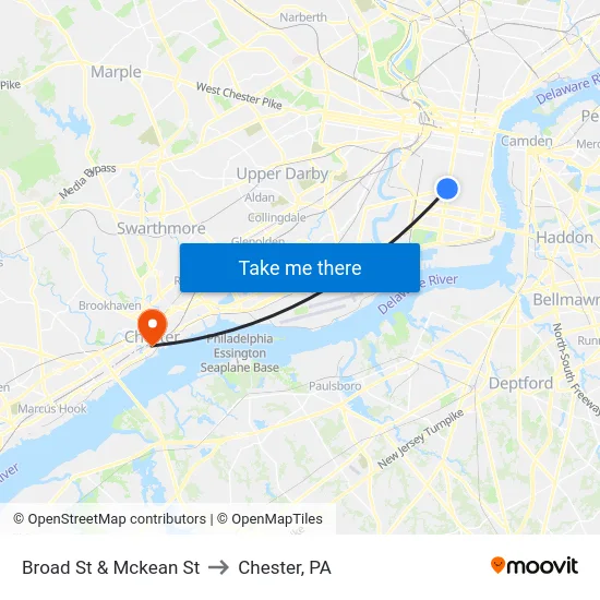 Broad St & Mckean St to Chester, PA map