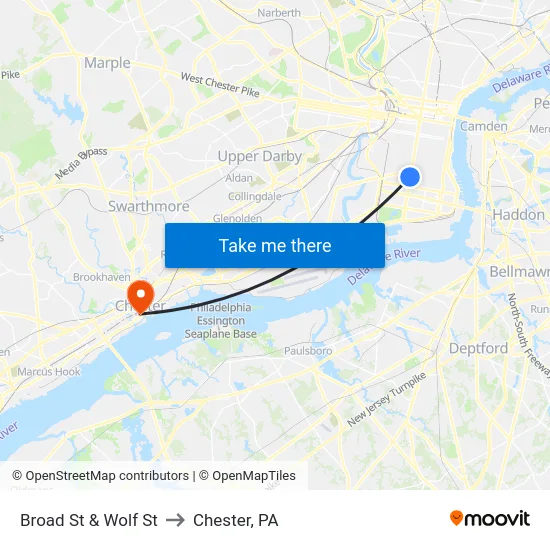 Broad St & Wolf St to Chester, PA map