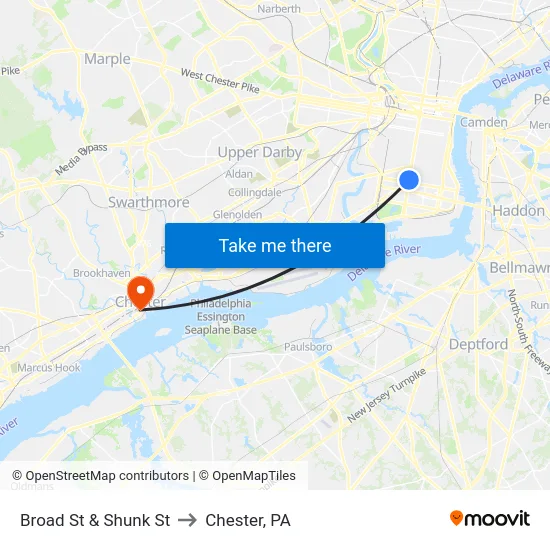 Broad St & Shunk St to Chester, PA map