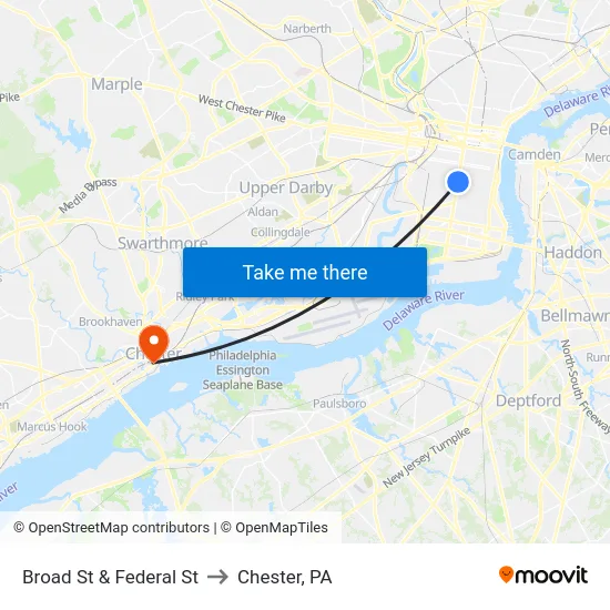 Broad St & Federal St to Chester, PA map