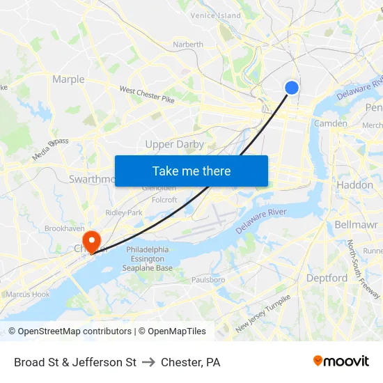Broad St & Jefferson St to Chester, PA map
