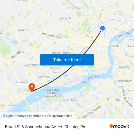 Broad St & Susquehanna Av to Chester, PA map
