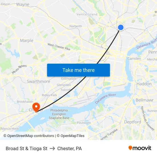 Broad St & Tioga St to Chester, PA map