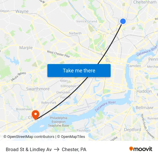Broad St & Lindley Av to Chester, PA map