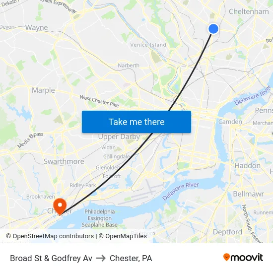 Broad St & Godfrey Av to Chester, PA map