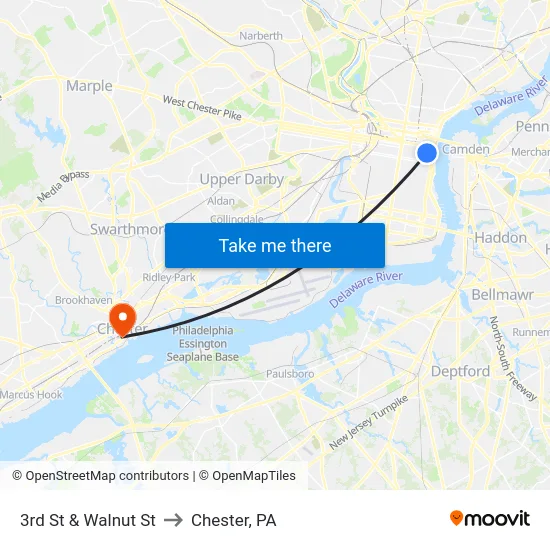 3rd St & Walnut St to Chester, PA map
