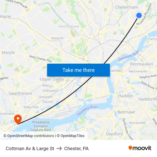Cottman Av & Large St to Chester, PA map