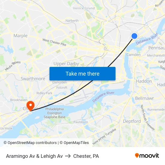 Aramingo Av & Lehigh Av to Chester, PA map