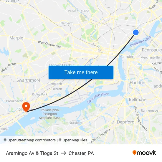 Aramingo Av & Tioga St to Chester, PA map