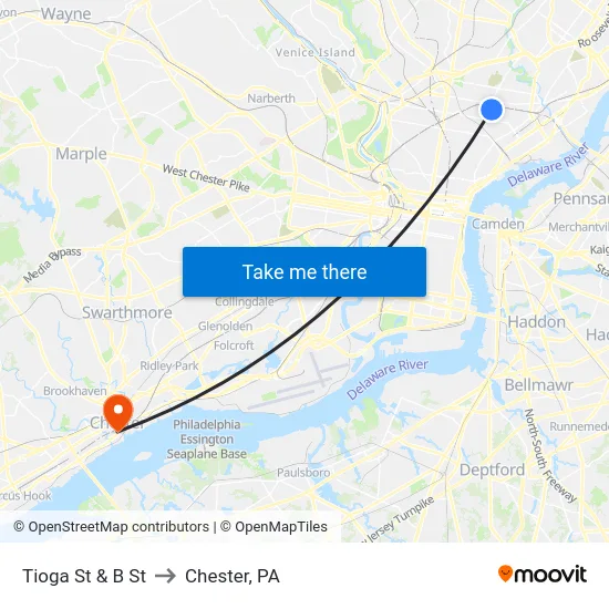 Tioga St & B St to Chester, PA map