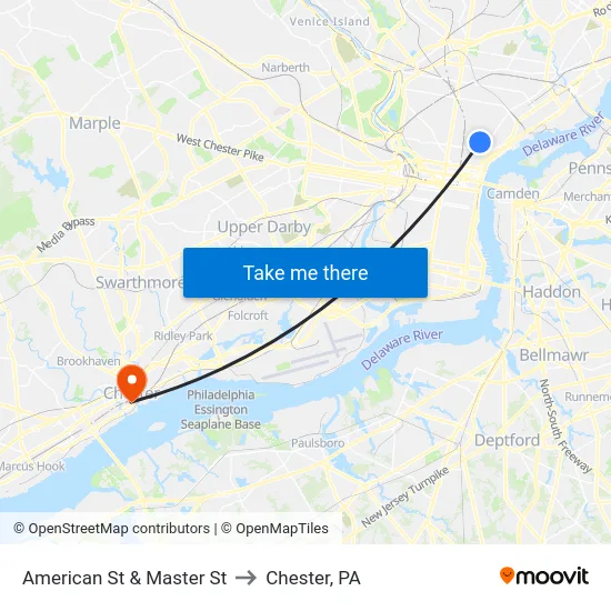American St & Master St to Chester, PA map