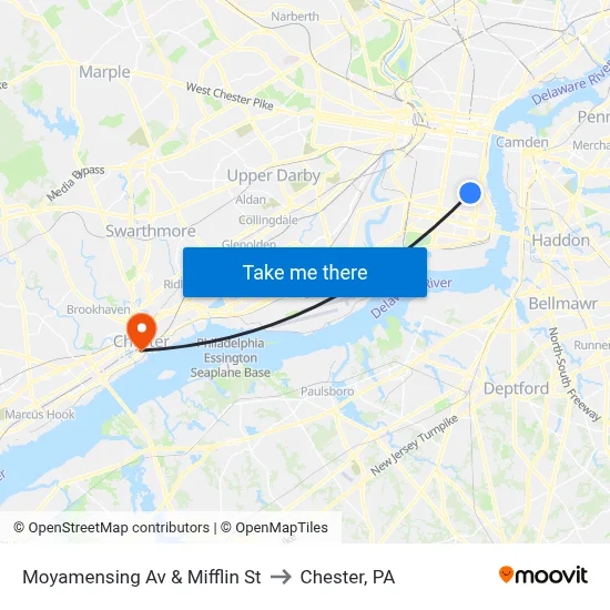 Moyamensing Av & Mifflin St to Chester, PA map