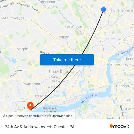 74th Av & Andrews Av to Chester, PA map