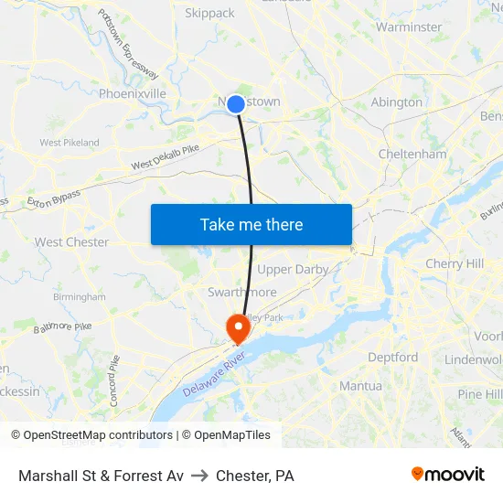Marshall St & Forrest Av to Chester, PA map