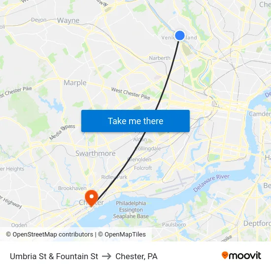 Umbria St & Fountain St to Chester, PA map