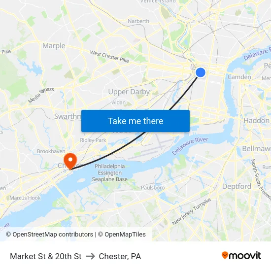 Market St & 20th St to Chester, PA map