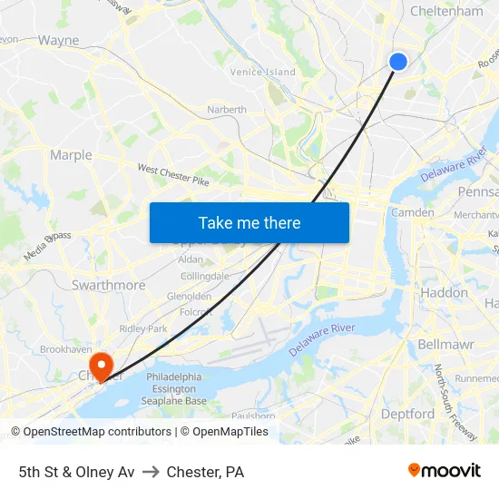 5th St & Olney Av to Chester, PA map