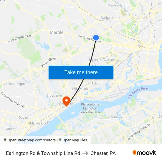 Earlington Rd & Township Line Rd to Chester, PA map