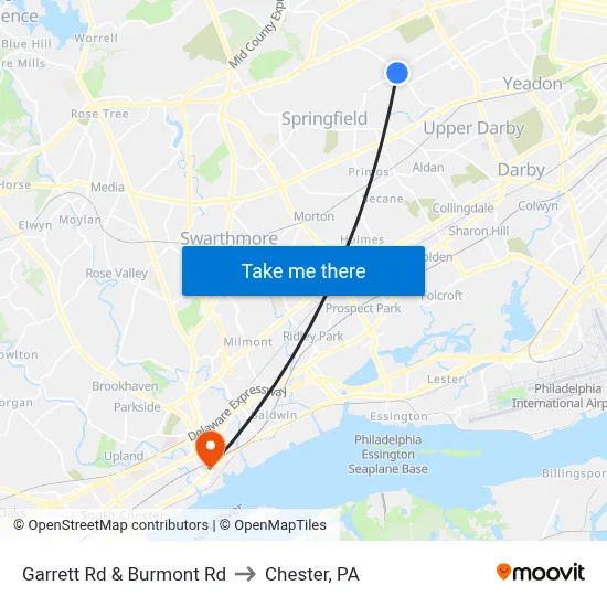 Garrett Rd & Burmont Rd to Chester, PA map