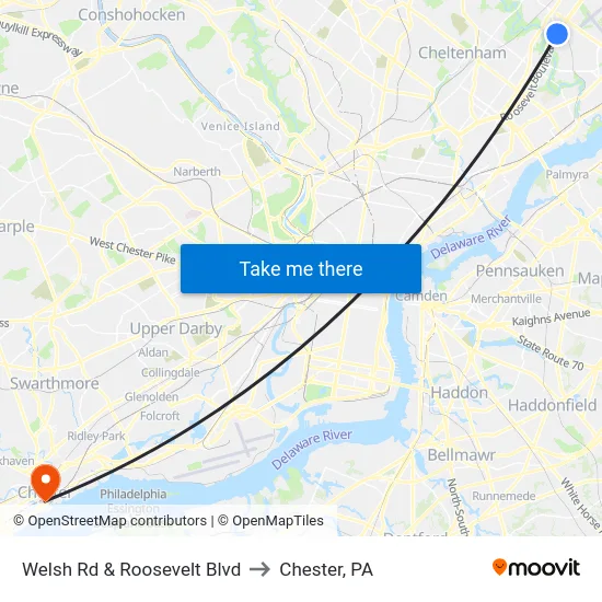 Welsh Rd & Roosevelt Blvd to Chester, PA map