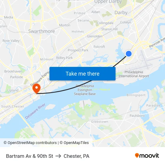 Bartram Av & 90th St to Chester, PA map