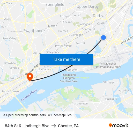 84th St & Lindbergh Blvd to Chester, PA map