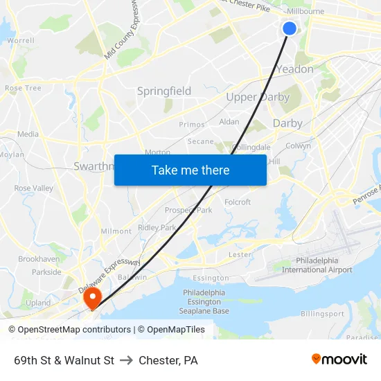 69th St & Walnut St to Chester, PA map