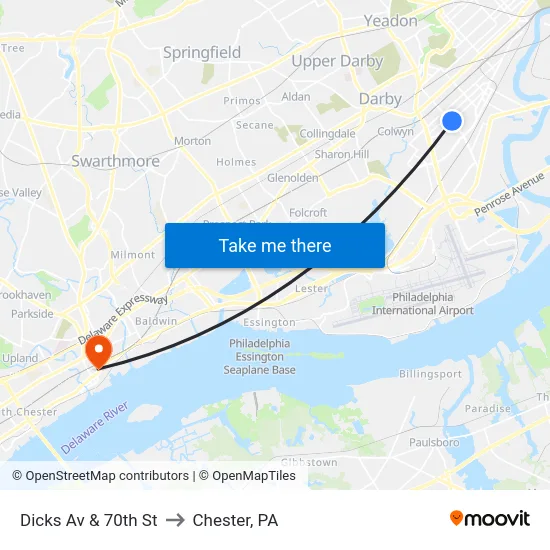 Dicks Av & 70th St to Chester, PA map