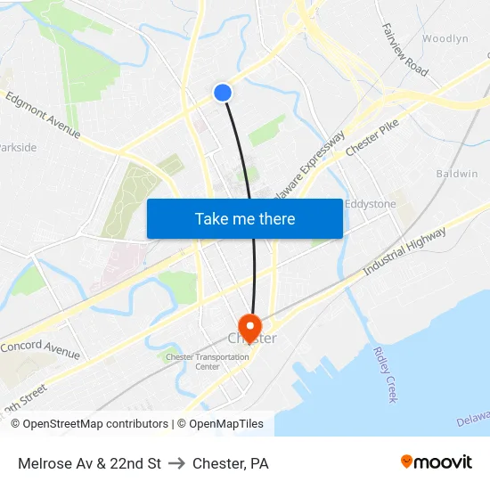 Melrose Av & 22nd St to Chester, PA map