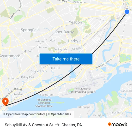 Schuylkill Av & Chestnut St to Chester, PA map