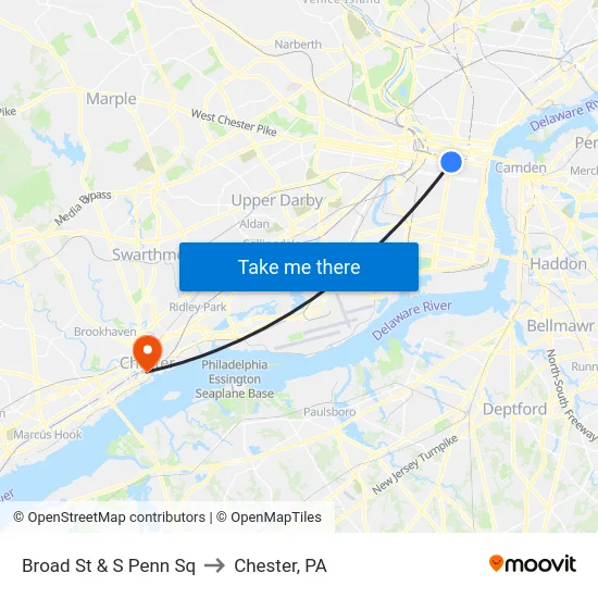 Broad St & S Penn Sq to Chester, PA map