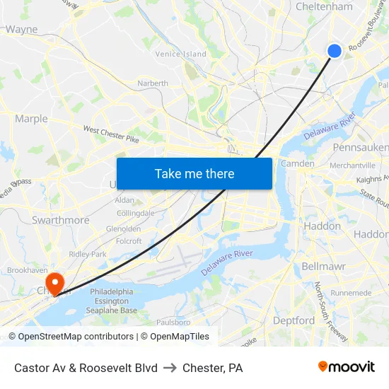 Castor Av & Roosevelt Blvd to Chester, PA map