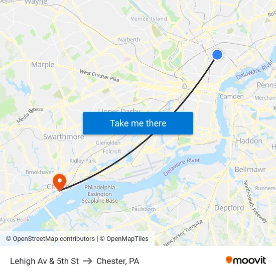 Lehigh Av & 5th St to Chester, PA map