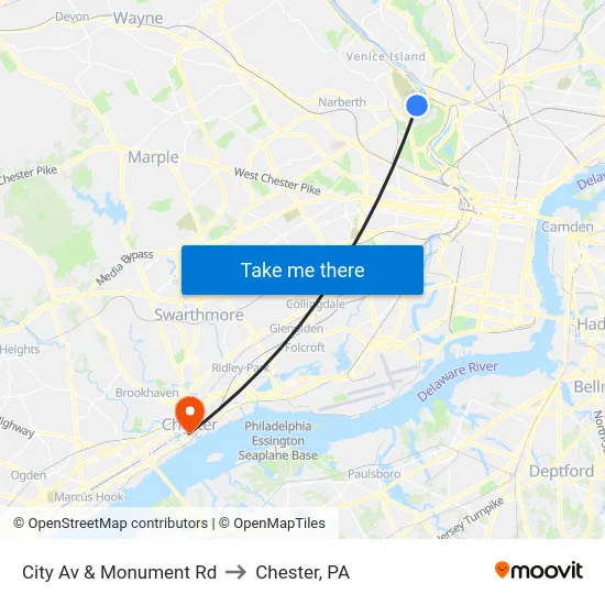 City Av & Monument Rd to Chester, PA map