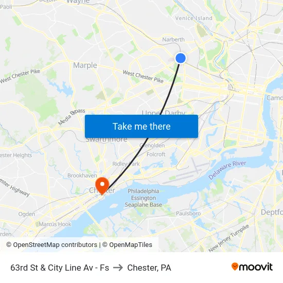 63rd St & City Line Av - Fs to Chester, PA map