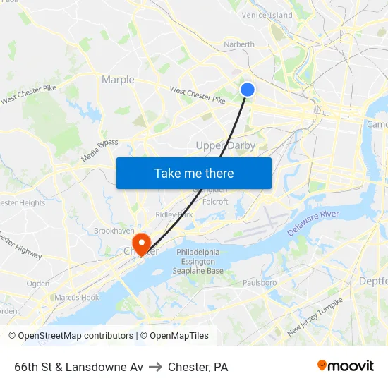 66th St & Lansdowne Av to Chester, PA map