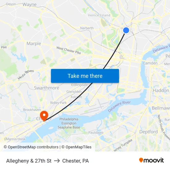 Allegheny & 27th St to Chester, PA map