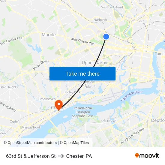 63rd St & Jefferson St to Chester, PA map