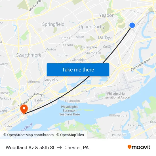 Woodland Av & 58th St to Chester, PA map