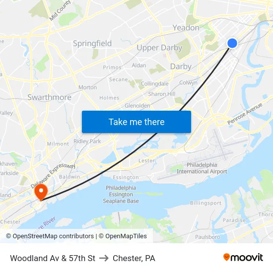 Woodland Av & 57th St to Chester, PA map