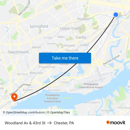 Woodland Av & 43rd St to Chester, PA map