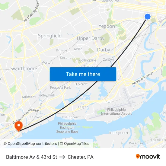 Baltimore Av & 43rd St to Chester, PA map