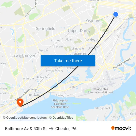 Baltimore Av & 50th St to Chester, PA map